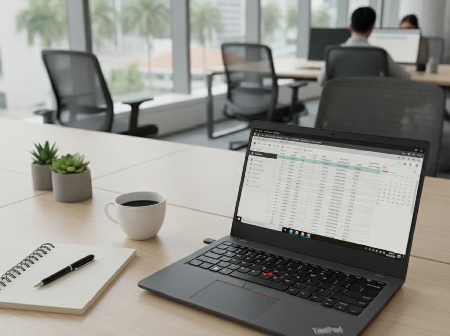 Business laptop on office desk representing buy Lenovo laptop Singapore for SME use