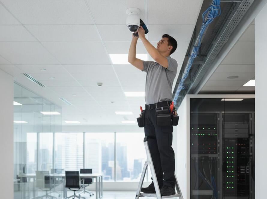 Technician performing commercial CCTV installation in a Singapore office for a business security company
