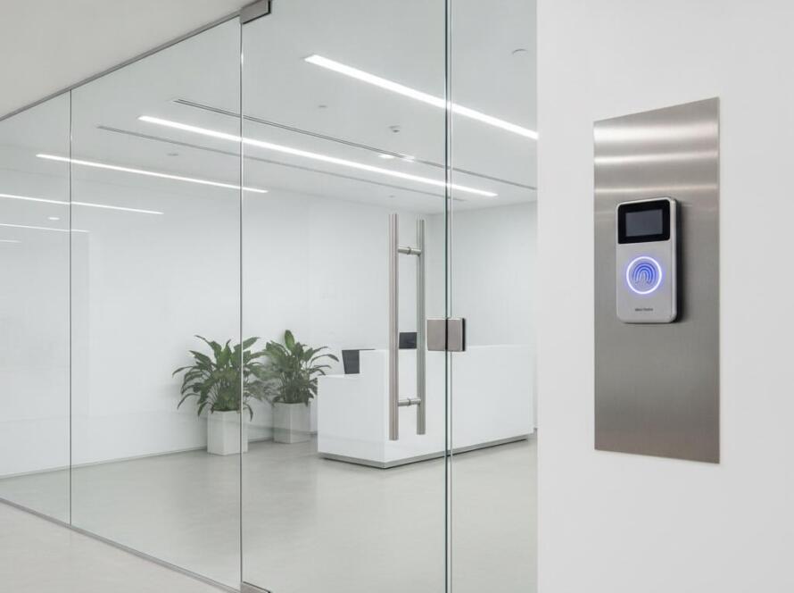 Fingerprint door access Singapore biometric scanner installed at a modern office entrance