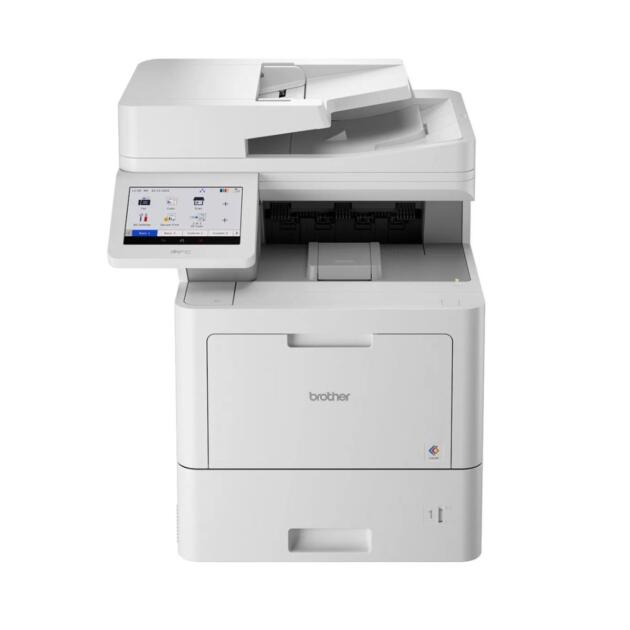 Brother MFC-L9630CDN colour laser workgroup multifunction printer shown with touchscreen and paper trays