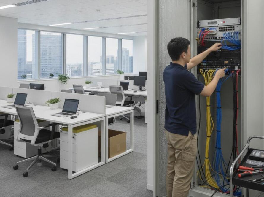 Technician completing a new office IT setup in Singapore with network rack and laptops