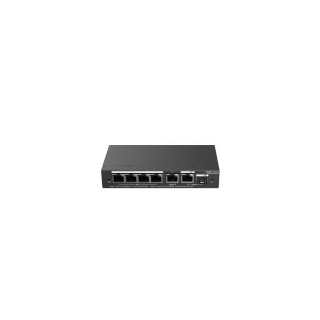 Ruijie Reyee RG-ES206GS-P 6-port Gigabit PoE switch shown in desktop steel case